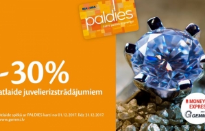 Juveliersalonos Gemmi decembrī akcija lojalitātes programmas PALDIES dalībniekiem -30% atlaide visiem juvelierizstrādājumiem!